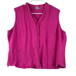Vintage Notations Sleeveless Top Women's XL Pink Embroidered Eyelet Floral Linen